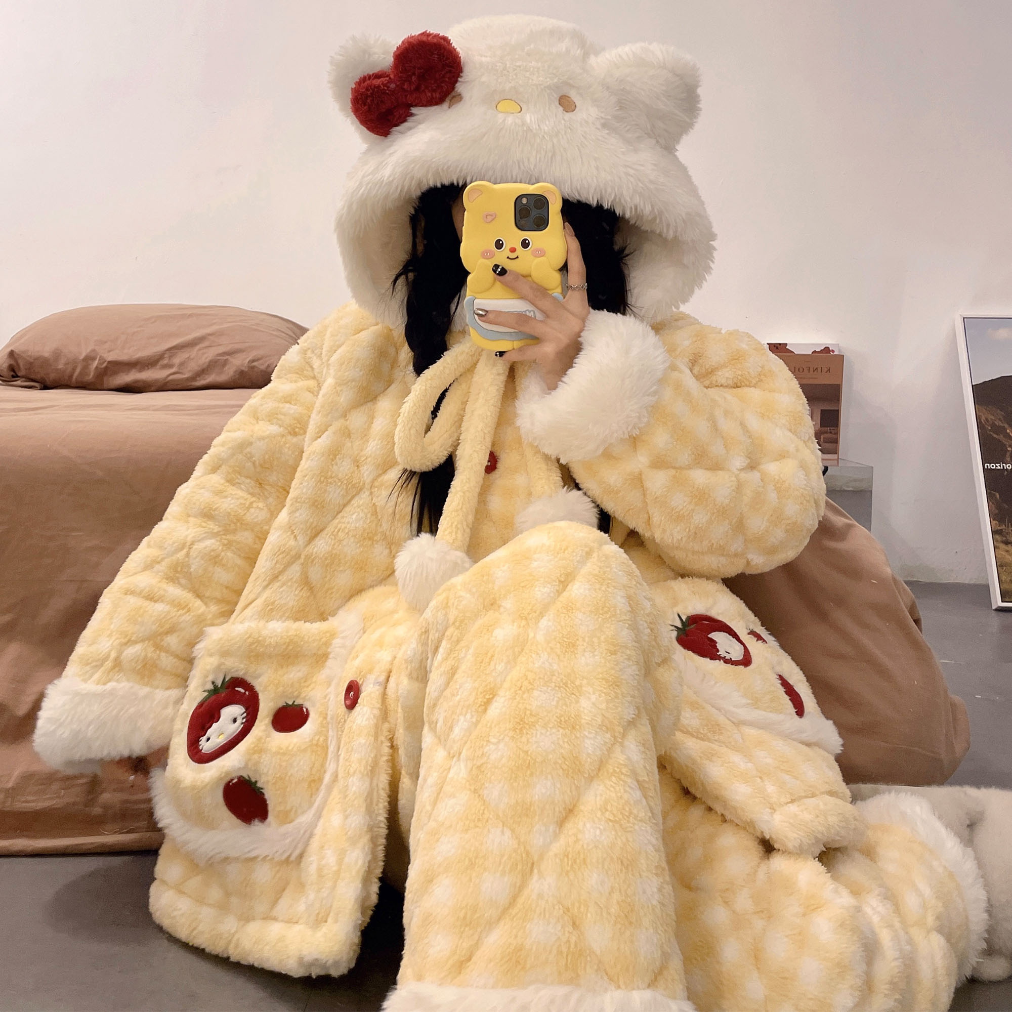 秋冬季三层夹棉女士睡衣加绒加厚连帽珊瑚绒保暖可爱家居服可外穿