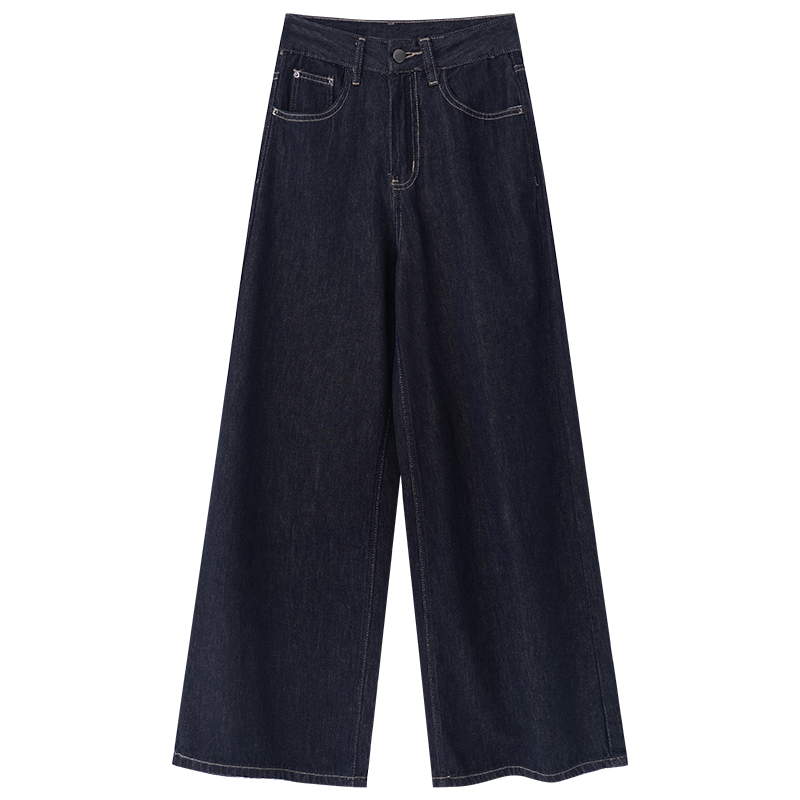 花田橱窗 复古深蓝色牛仔裤女高腰直筒阔腿长裤1656