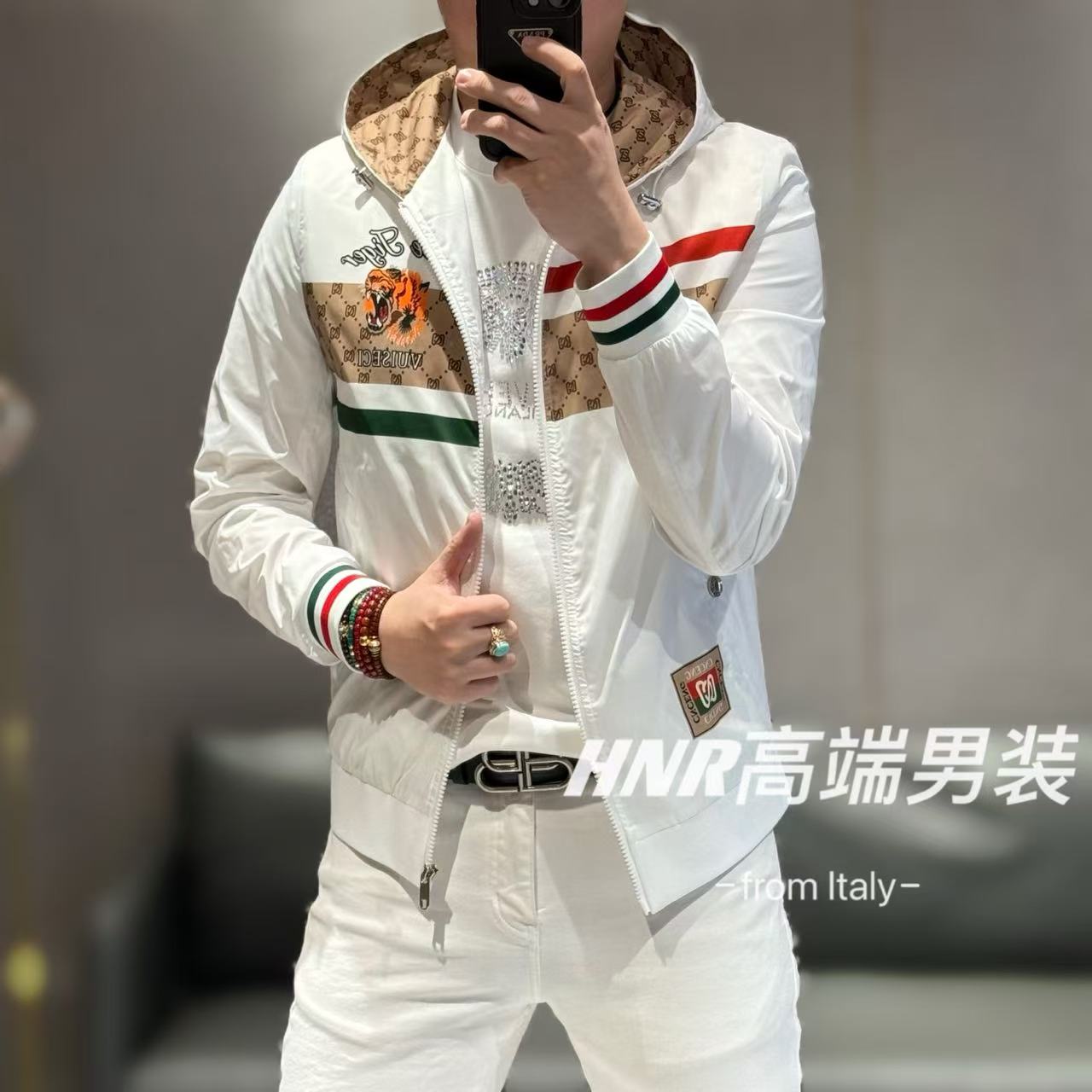 高端欧货男装立体拼色连帽大老虎奥钻点缀小夹克1003