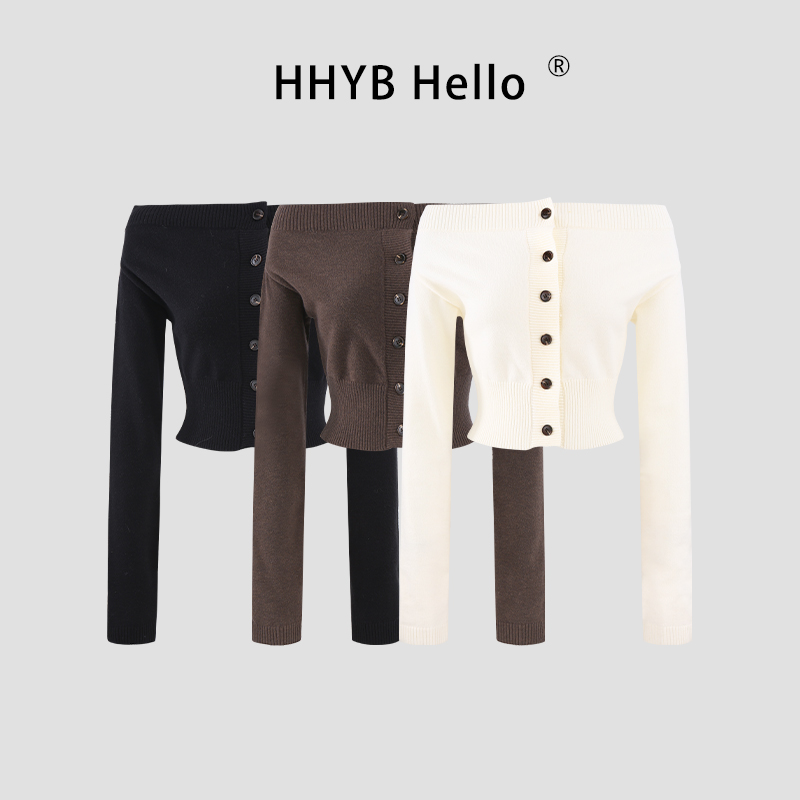 HHYB Hello秋日氛围感气质一字肩针织衫女新款慵懒上衣M1526