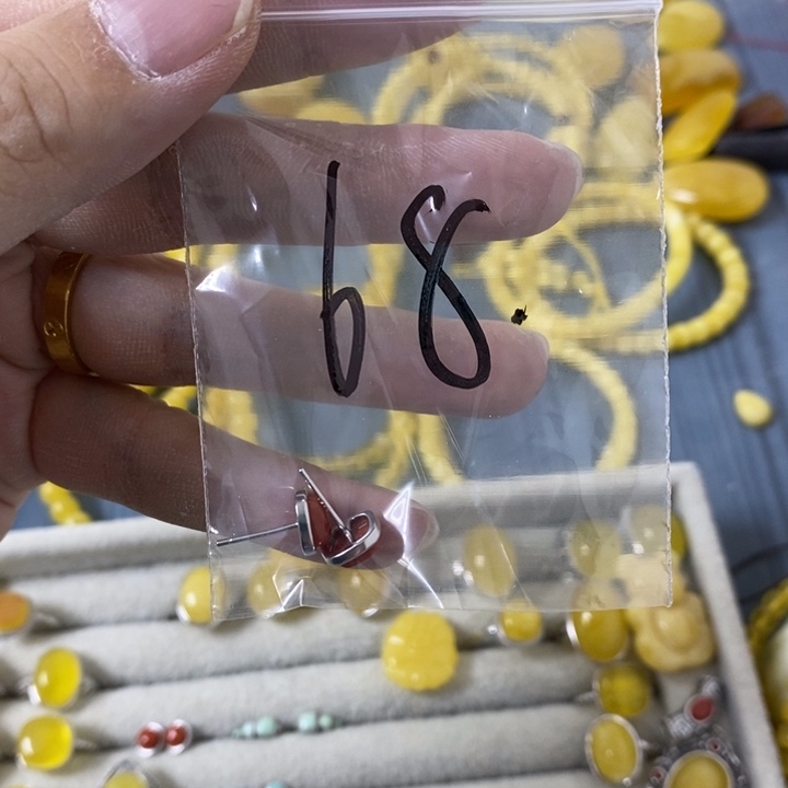 蜜蜡裸石银S925镶嵌耳钉