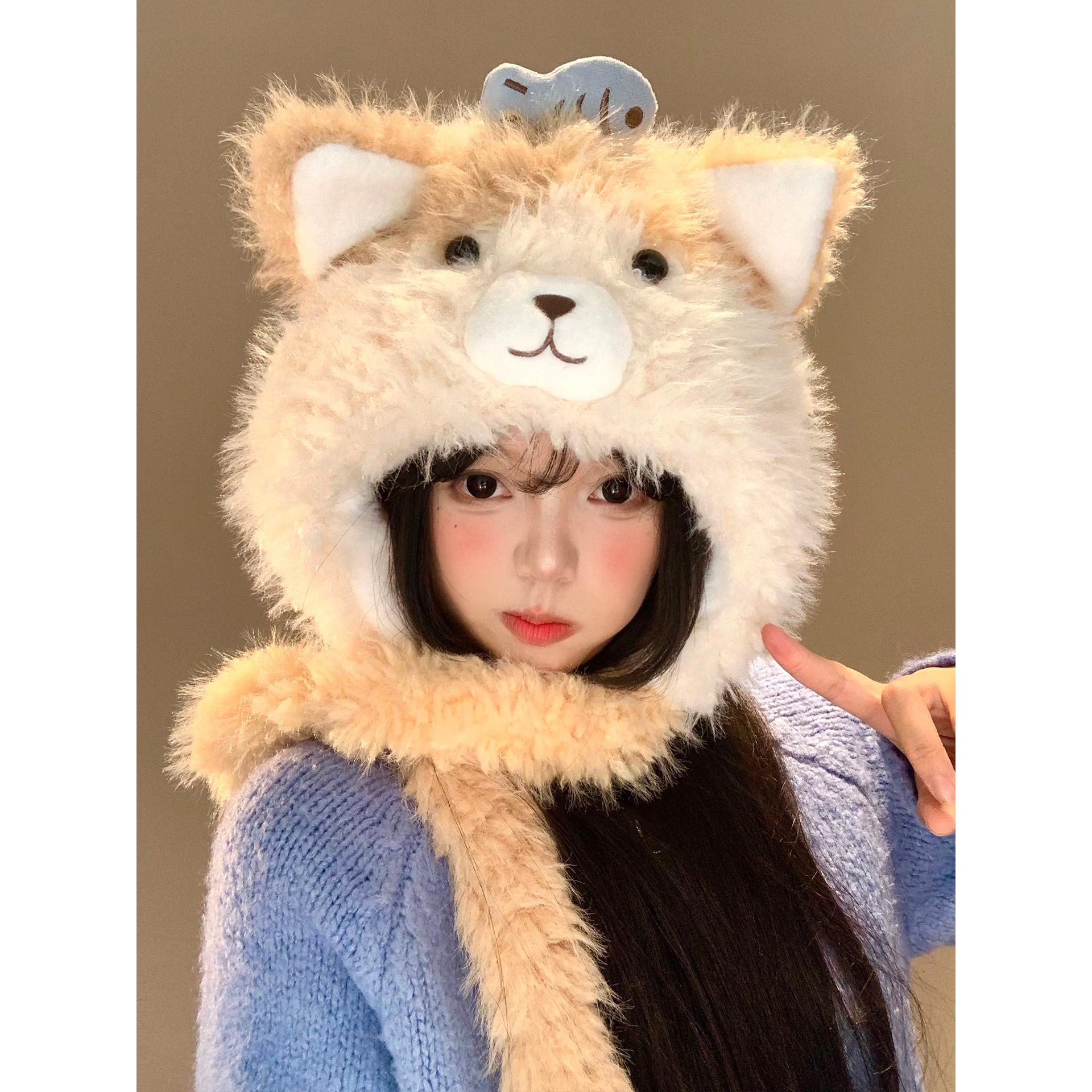 可爱小鱼猫咪耳朵毛绒帽子女秋冬季显脸小保暖防寒加厚护耳雷锋帽