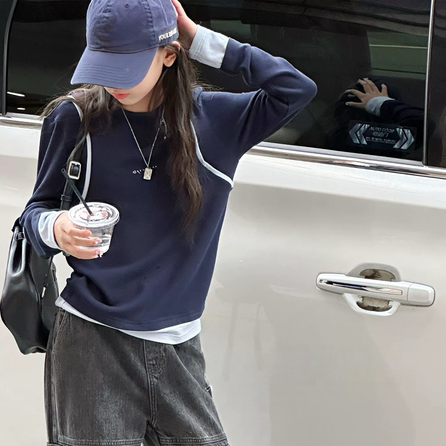 中大童女童T恤2025年秋季新款圆领拼色袖打底衫
