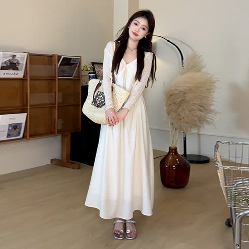 0690高级感法式白色吊带连衣裙子女夏新款开春穿搭一整套长裙套装