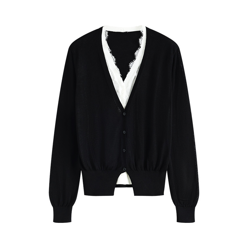 11假两件拼接蕾丝长袖针织开衫气质时尚0378