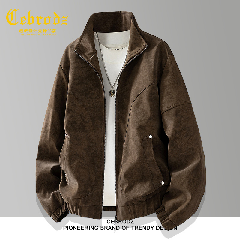 法国Cebrodz宽松立领皮衣男款复古纹理仿麂皮外套防风保暖夹克