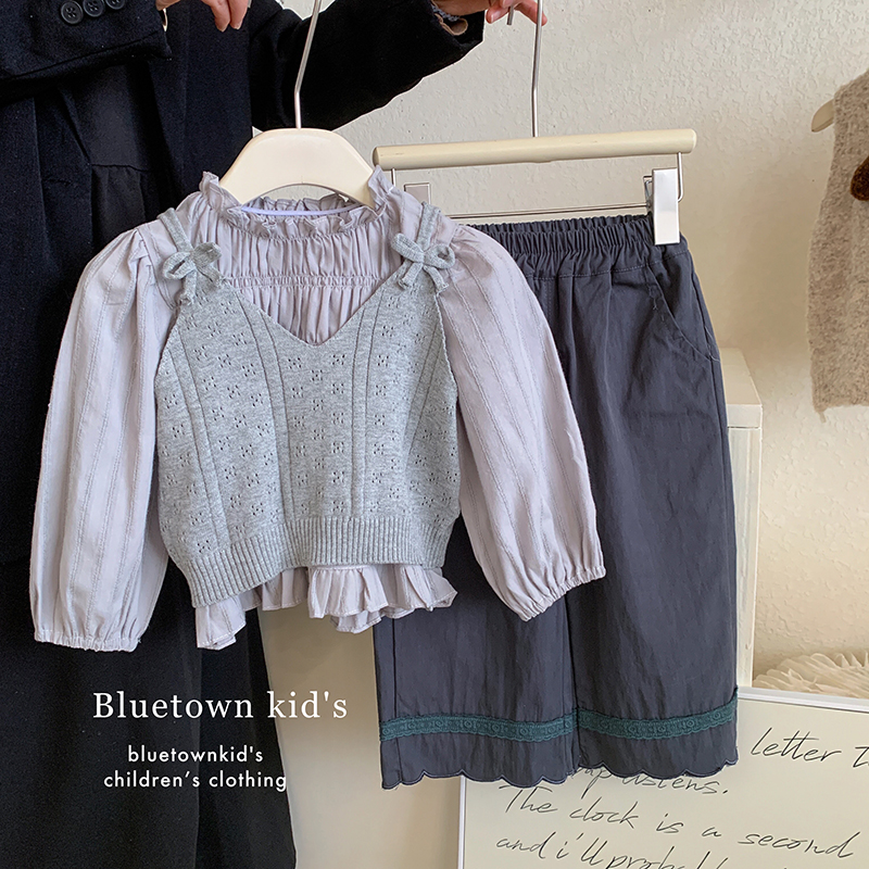 【本妈】“苏玛岛奇遇”女童韩版衬衫+毛衣背心+休闲裤9809 39'9