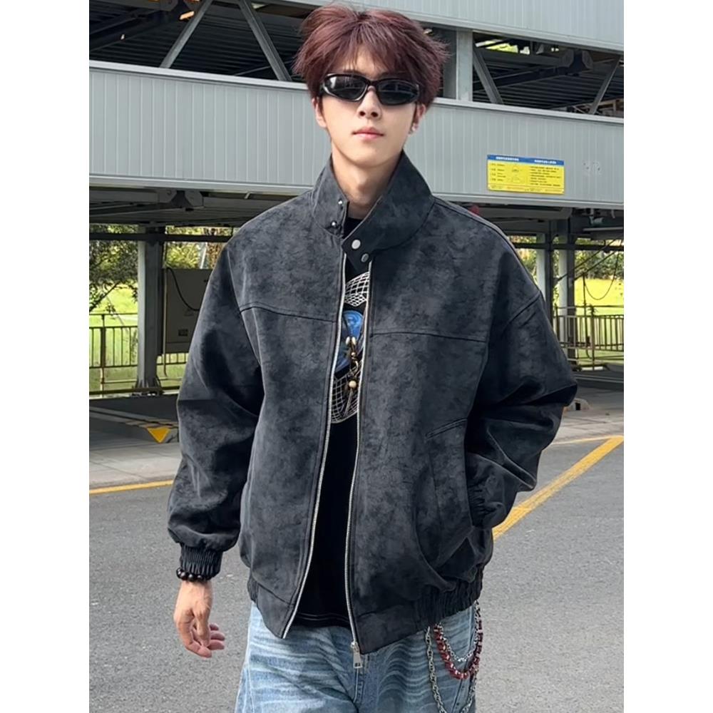 黑色扎染短款立领pu皮夹克男秋季cleanfit潮牌正肩水洗机车服外套