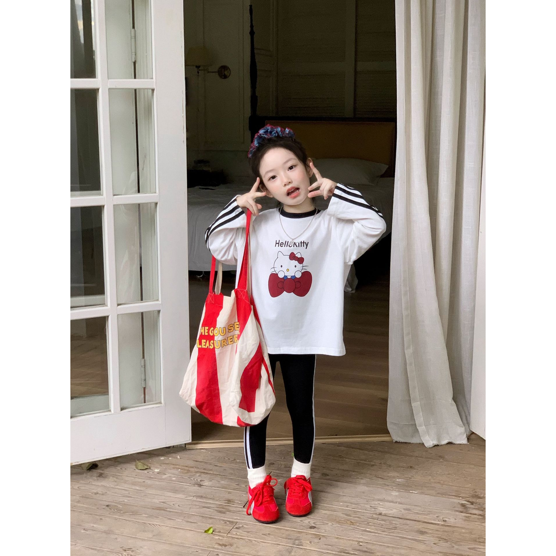 小粉象 ·女童2025秋季新款韩版前后卡通印花长袖T拼条打底裤套装