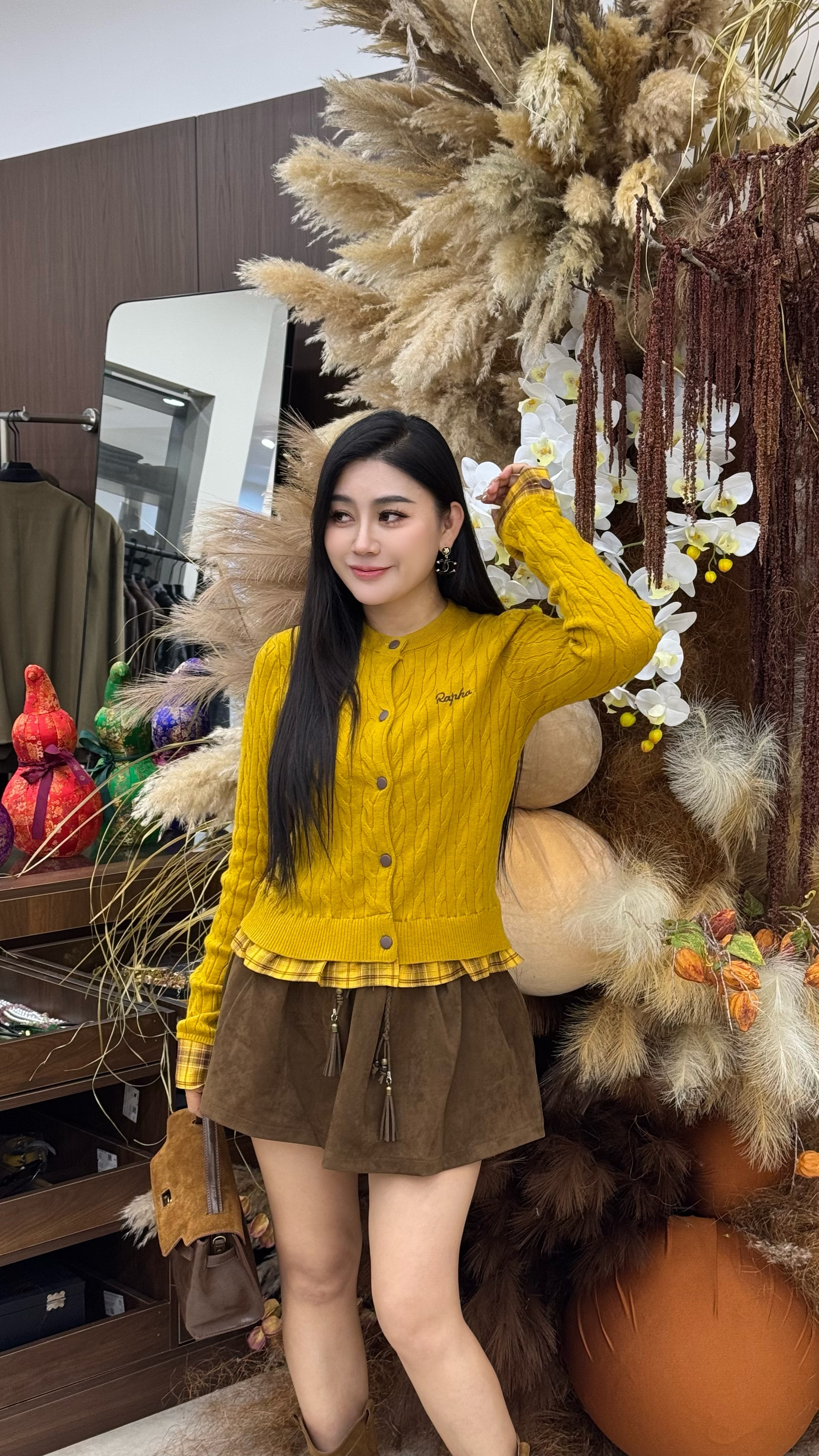 2911韩系减龄学院风复古格纹针织开衫套装