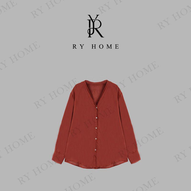 【容雨RYHOME】100苎麻＋V领长袖单排扣衬衫252C1470
