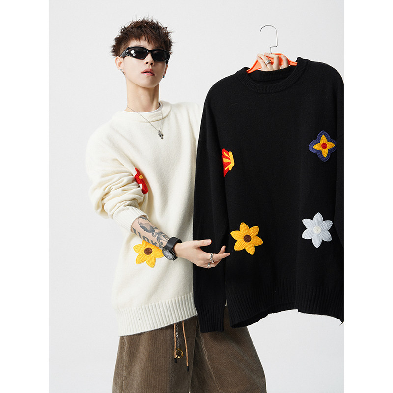 【U.UNIQUE】美式花卉刺绣圆领秋冬宽松设计百搭休闲卫衣冬季毛衣
