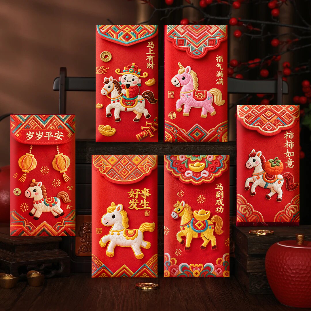 2026马年新款卡通萌马高清印花平面刺绣风格可爱春节红包利是