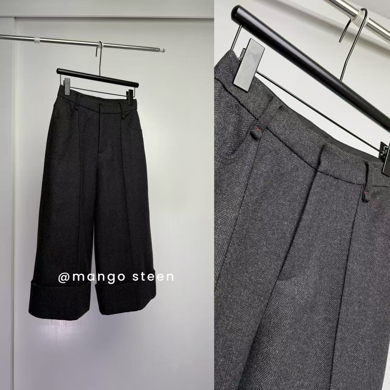 MANGO steen‘s丨羊毛人字纹率性阔腿靴裤七分西装裤J7749