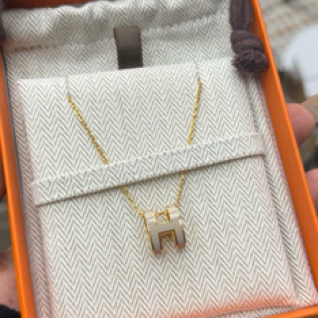 99新 Hermes/爱马仕 奶茶色玫瑰金大号H项链
