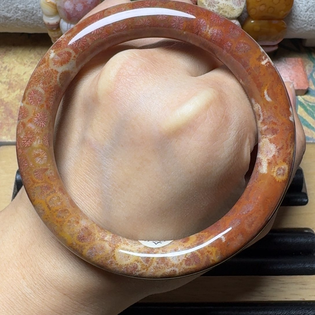 硅化玉56.5保真红黄花，可盘未镶嵌