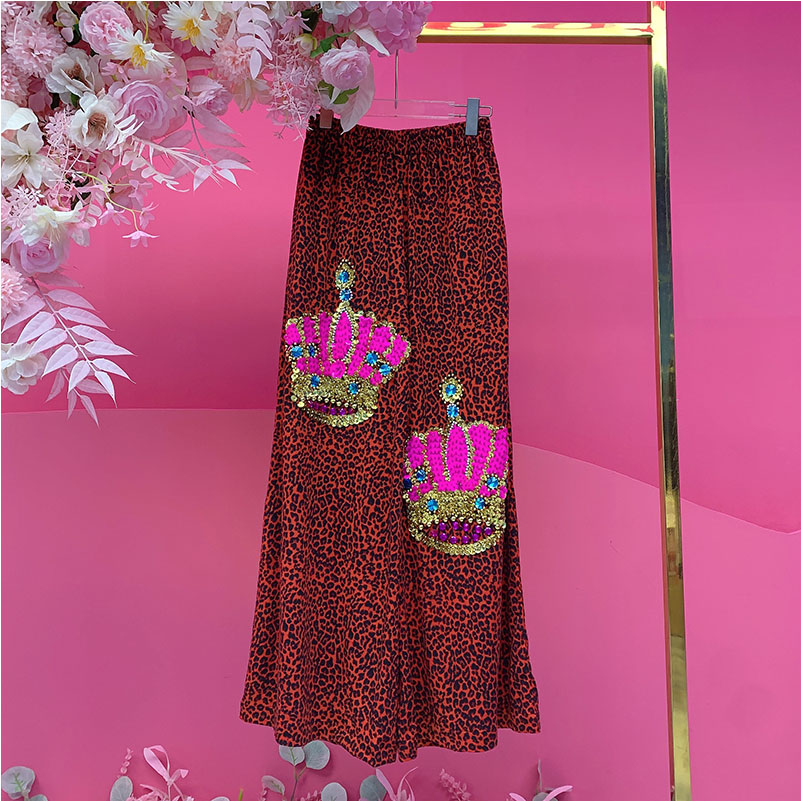 A4688欧美设计师2025冬季新款钉珠刺绣亮片皇冠豹纹阔腿休闲裤女