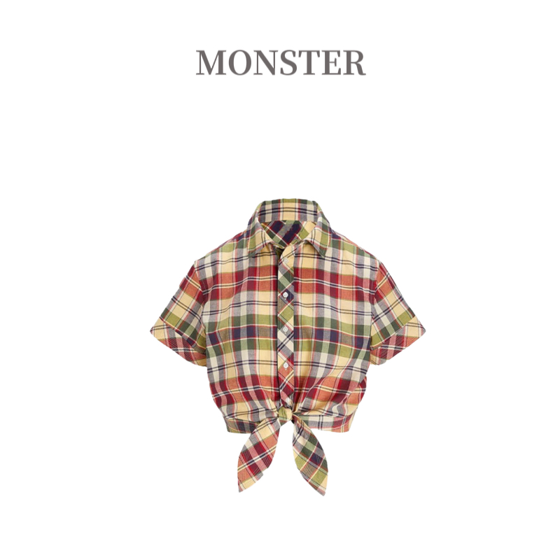 洋气百搭 RL微廓型短款系结格纹女短袖衬衫上衣 C0020