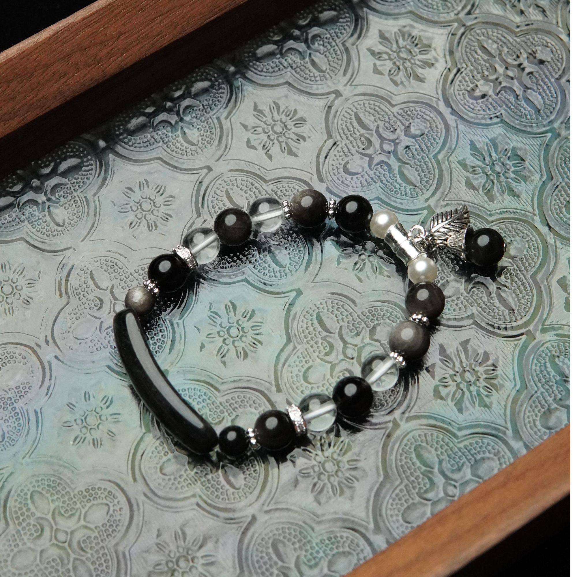 极夜 天然银曜石8mm圆珠半镯单圈手串