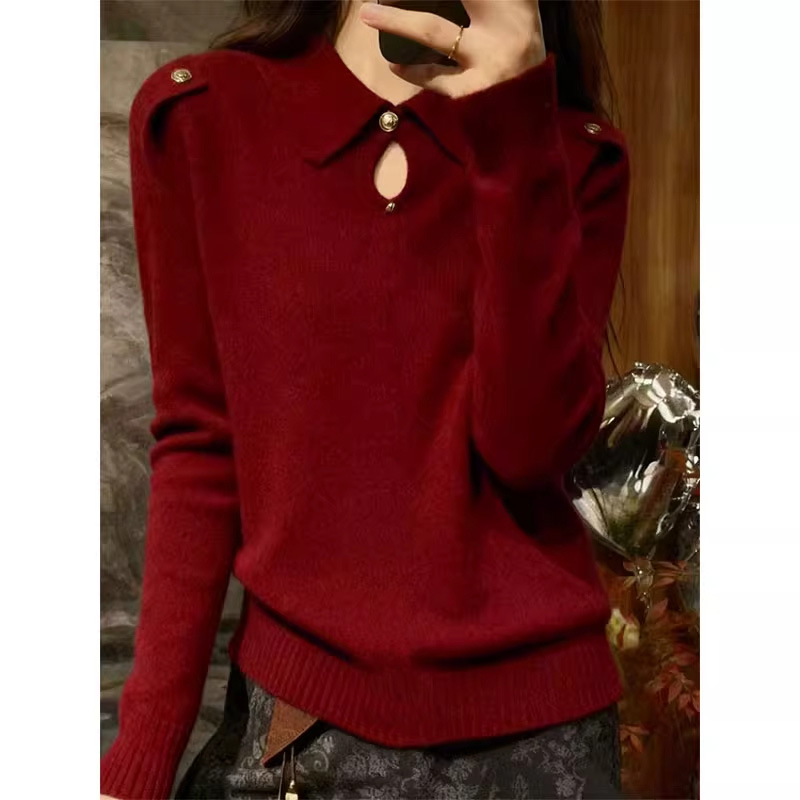 2025冬季简约套头红色翻领镂空针织衫女长袖显瘦百搭高级感上衣女
