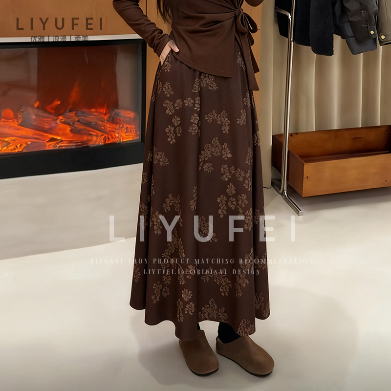 【正反两穿】复古印花毛呢半身裙女2025年秋冬新款高腰显瘦中长裙