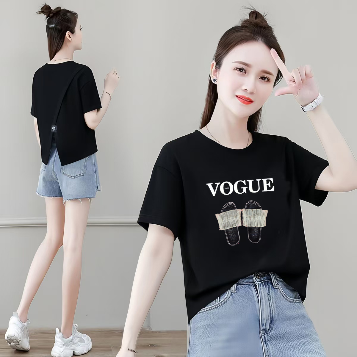 拖鞋款时尚圆领后背开叉短袖T恤女百搭设计感洋气显瘦上衣
