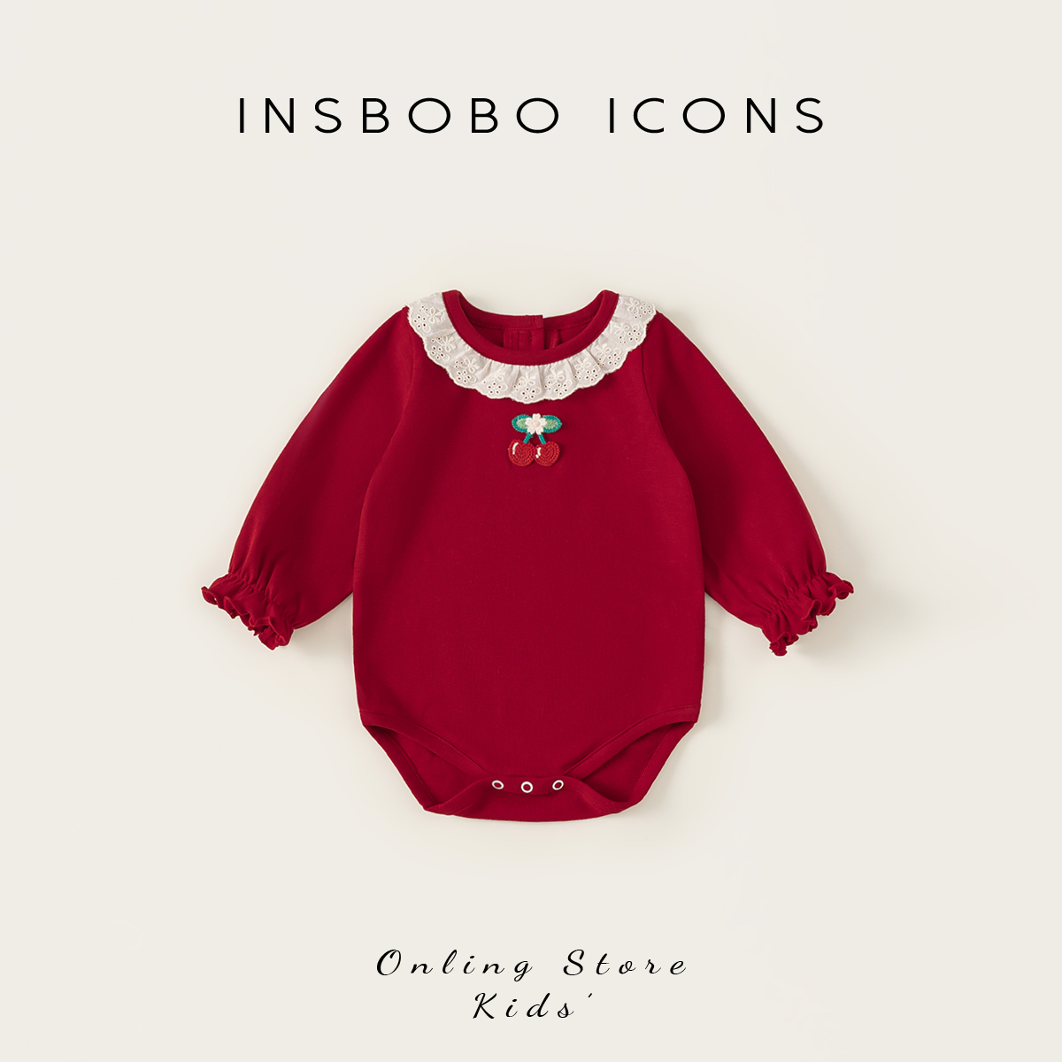 INSbobo女童爬服秋季新品花边领绣花图案宝宝长袖三角爬服QY15051