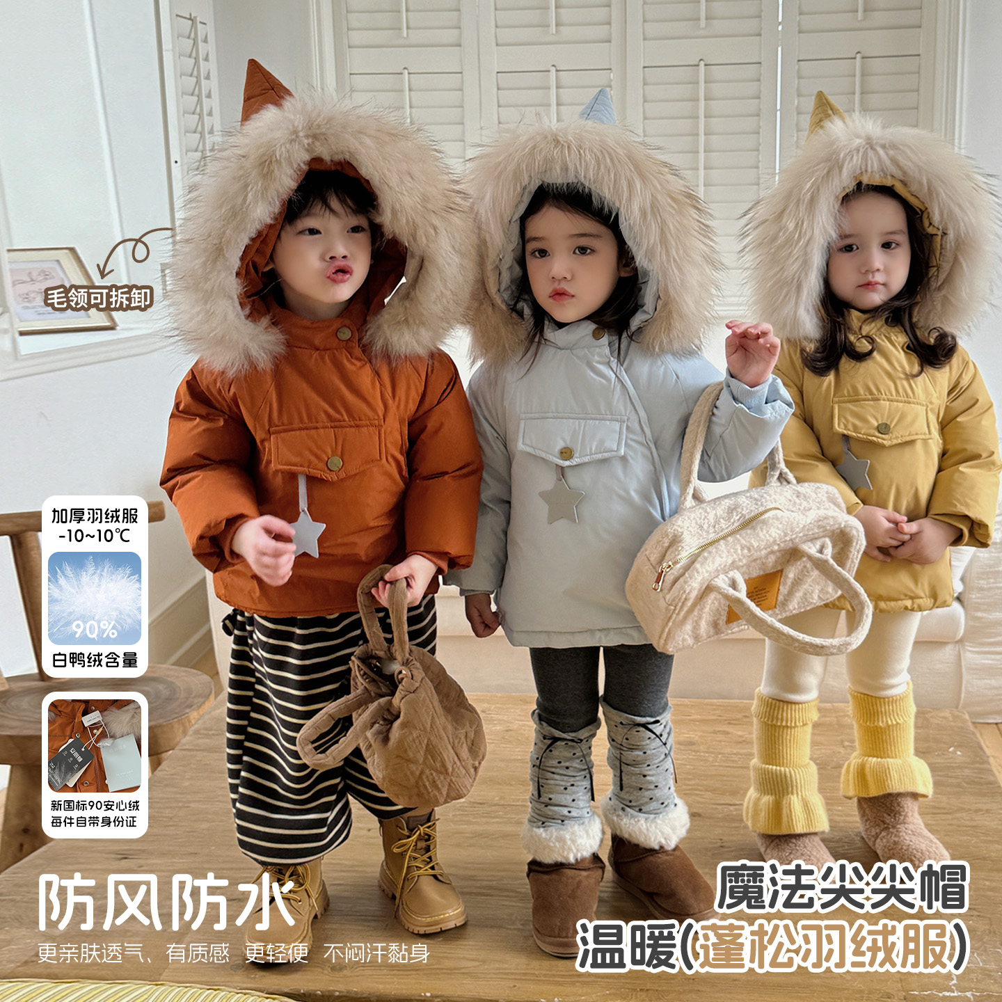 【大小卷】儿童冬季韩系魔法尖尖帽大毛领男女童休闲羽绒服-33002