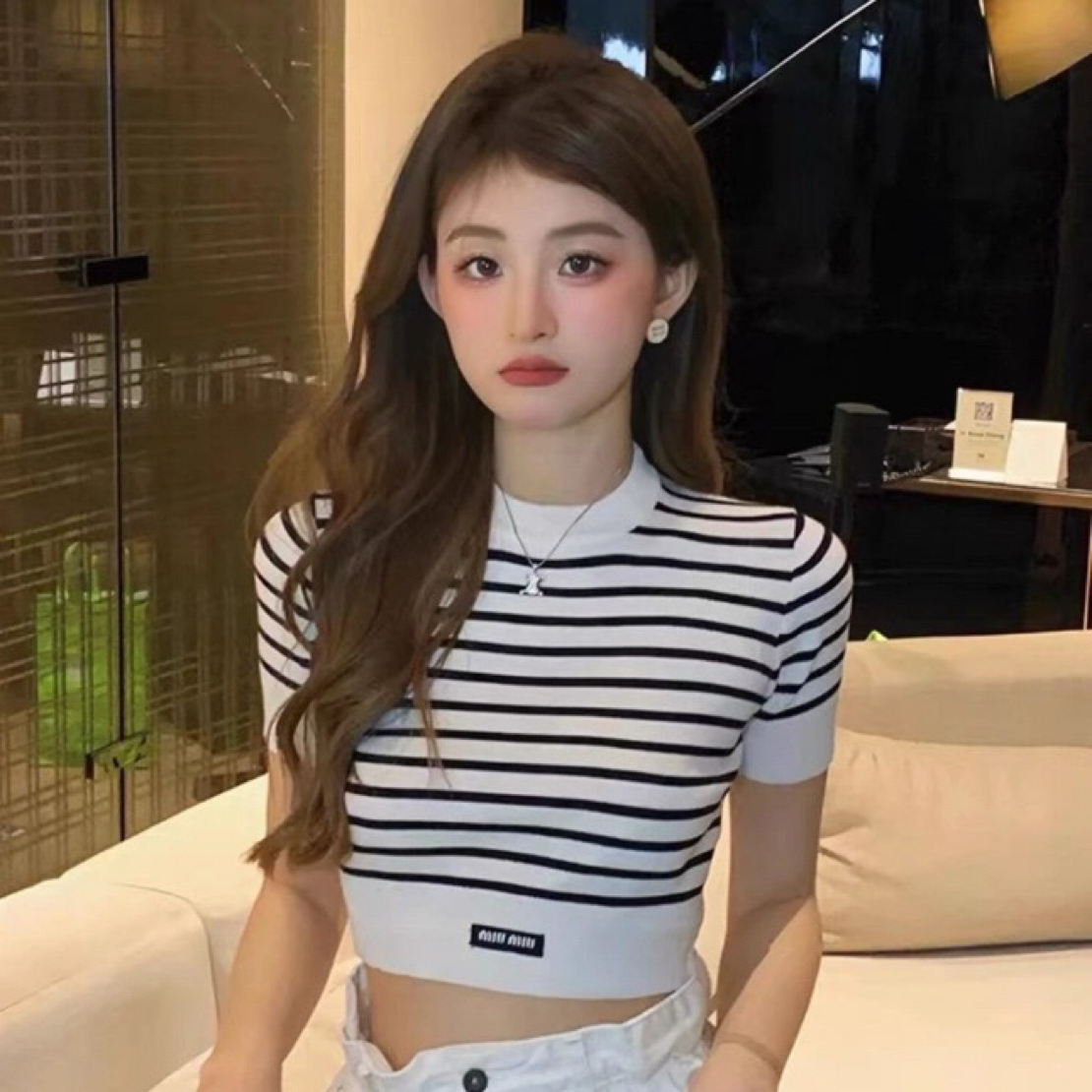 99新 MIU MIU/缪缪 D500093/黑白条纹针织短袖/38码