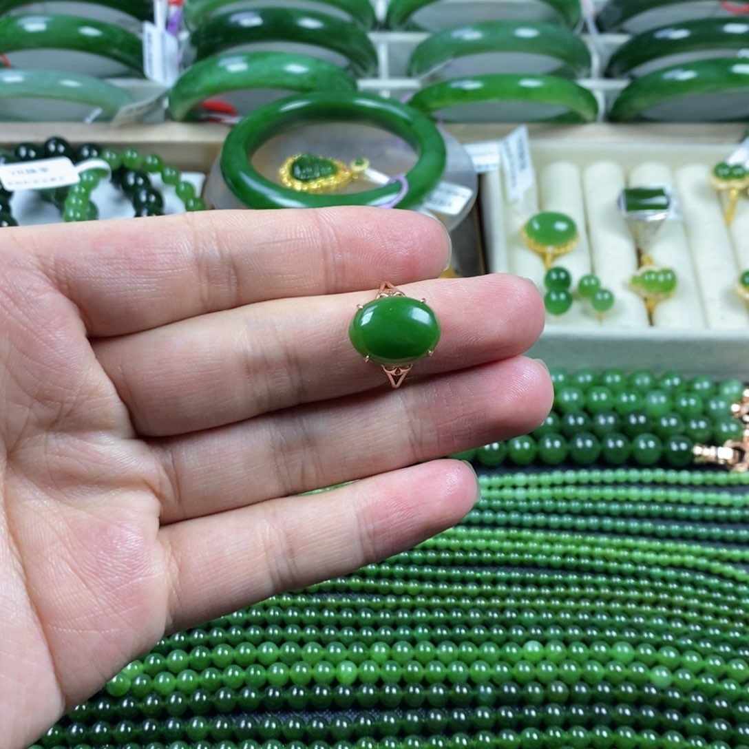 和田玉（碧玉）戒指银S925镶嵌美*