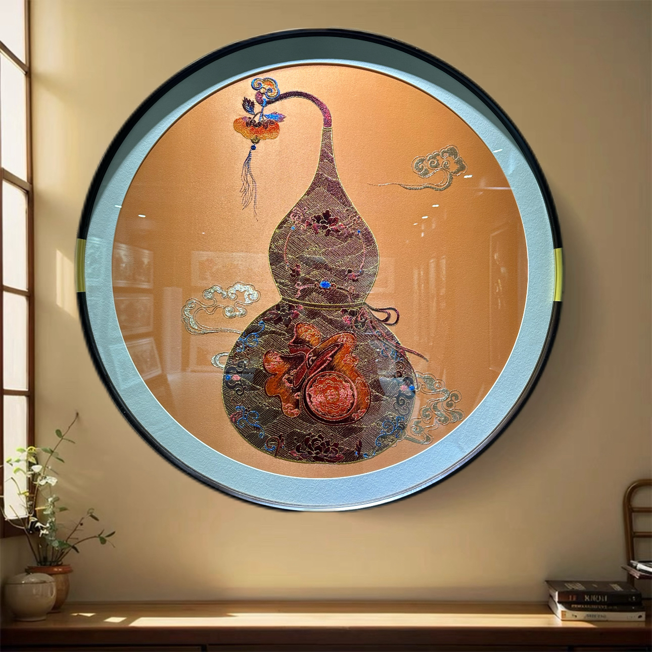 新中式圆形百福葫芦圆进户门苏州刺绣织锦绣玄关装饰挂画