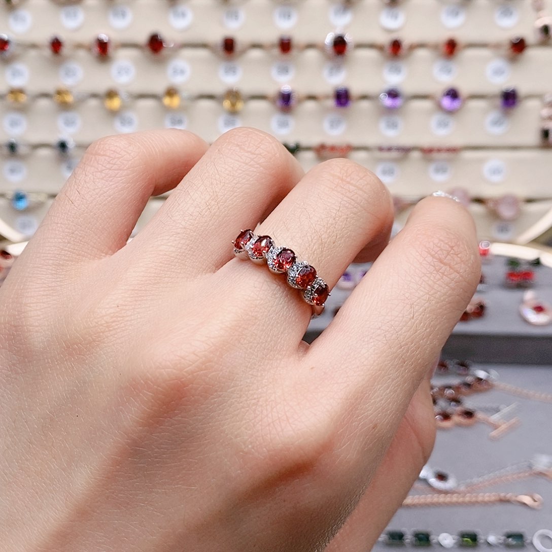 石榴石戒指银S925镶嵌戒指