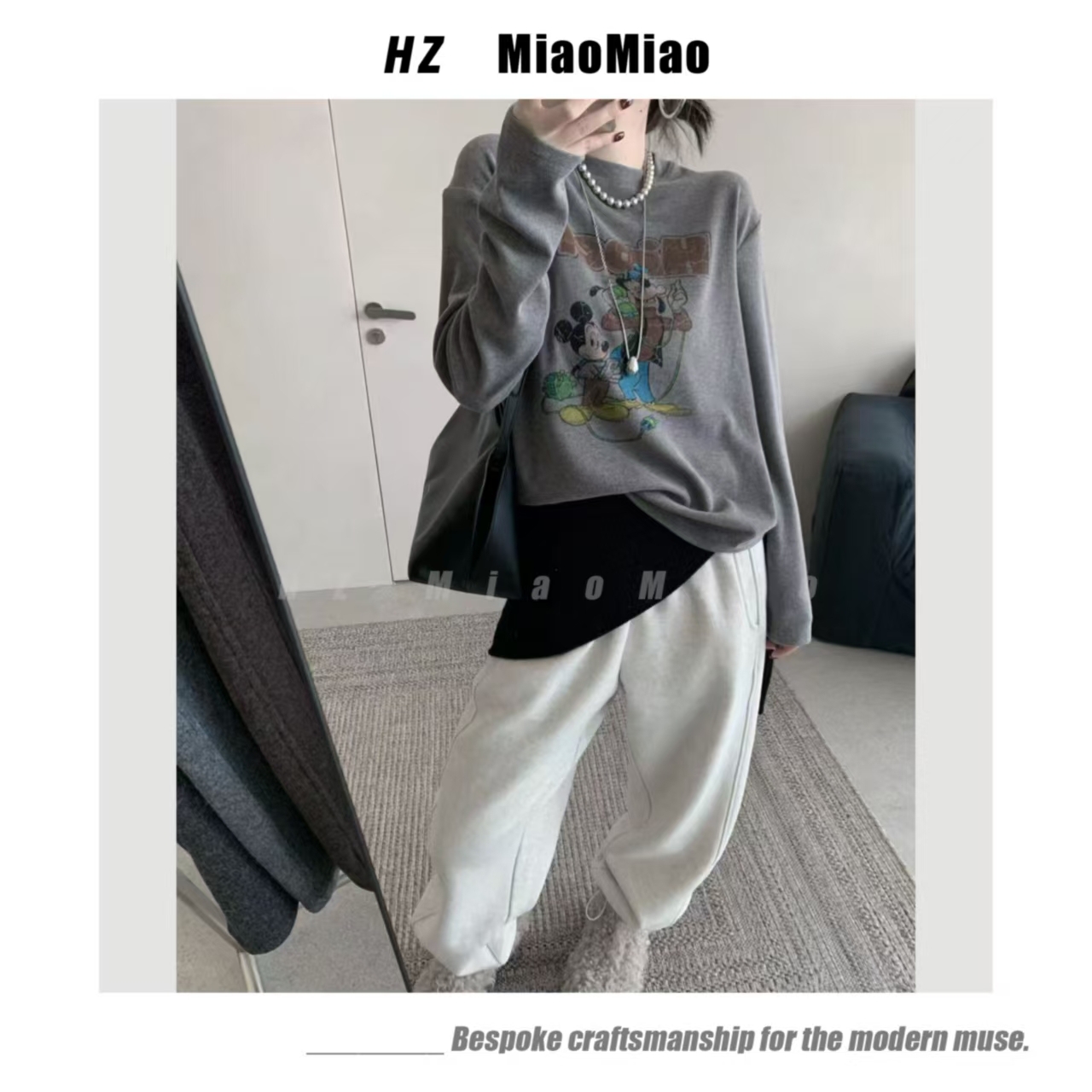 HZMM   [卫衣]   优雅印花常规款圆领长袖宽松卫衣