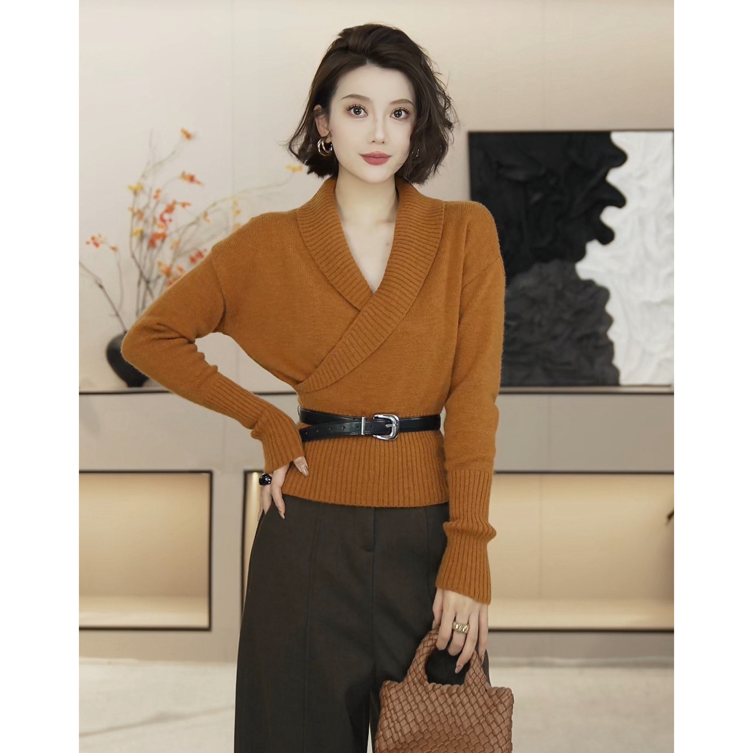 「京京」2025秋季新款V领纯色长袖收腰显瘦套头毛衣HBZWW918235