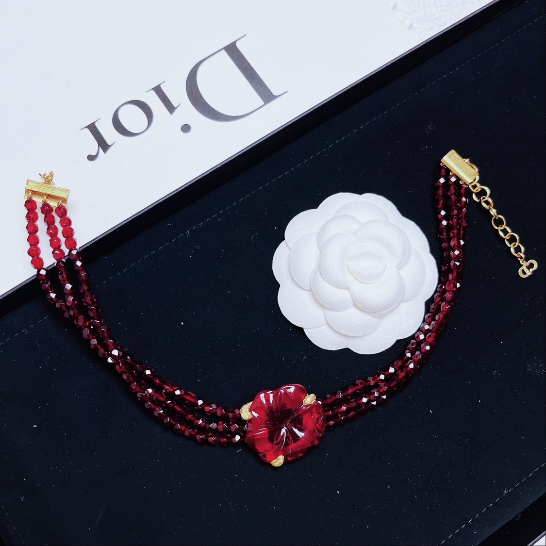 95新 DIOR/迪奥 柚礼中古/迪奥红琉璃花朵项链LZ501432