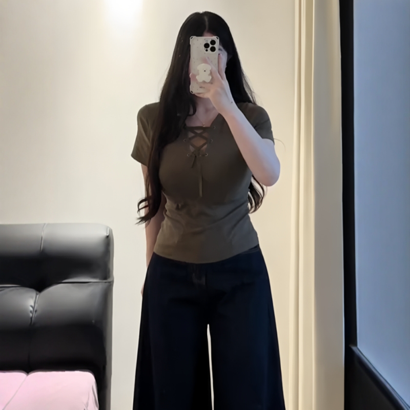 大码女装V领绑绳美式辣妹修身掐腰正肩短袖t恤夏季胖mm巨显瘦上衣