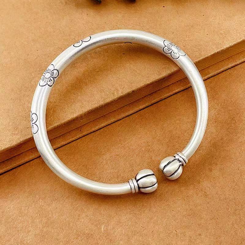 足银手镯 999.9纯银多福南瓜头银手镯女复古梅花【LW】-33号