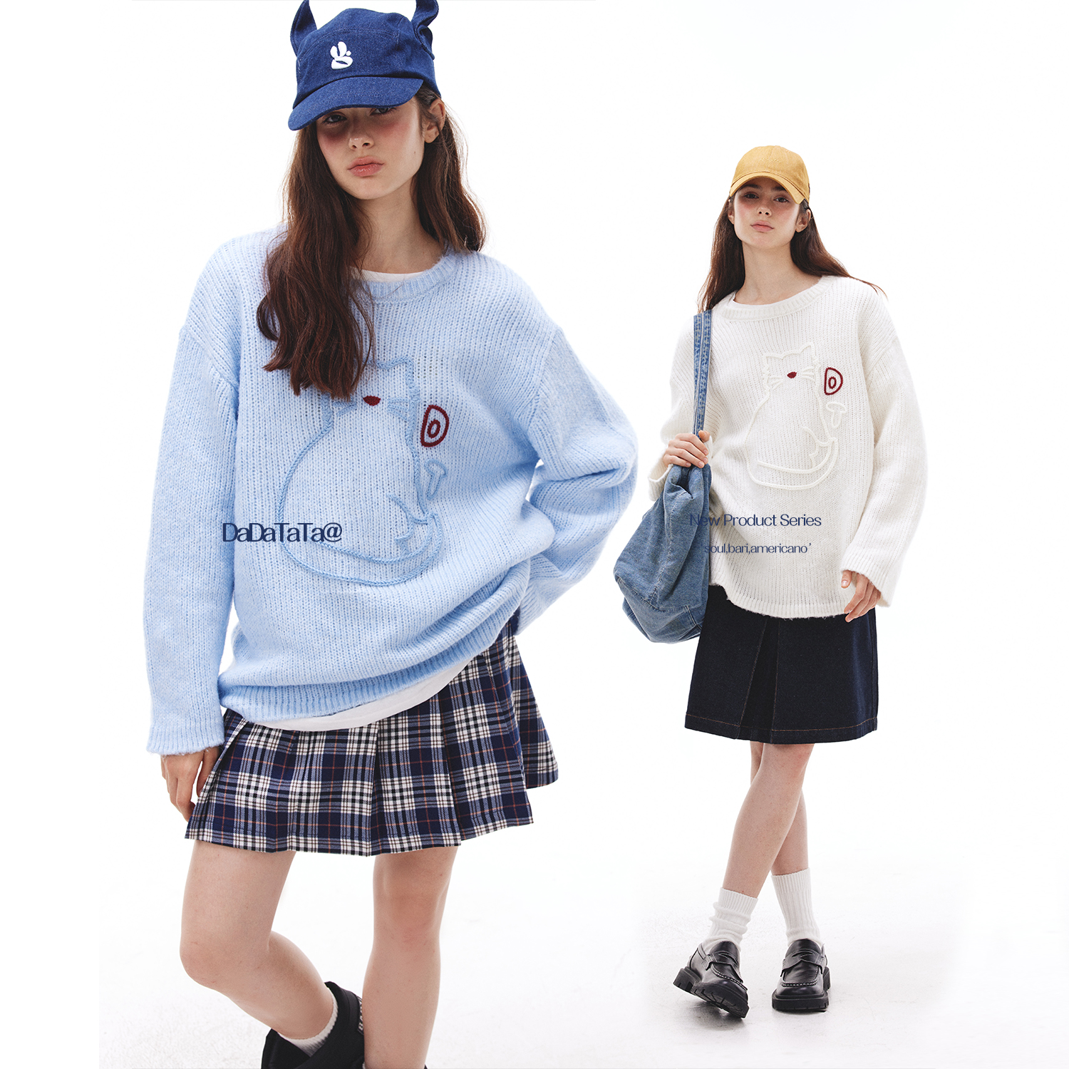 DADATATA晶咕白标【甜宠猫咪】猫咪刺绣毛衣圆领针织长袖时尚休闲