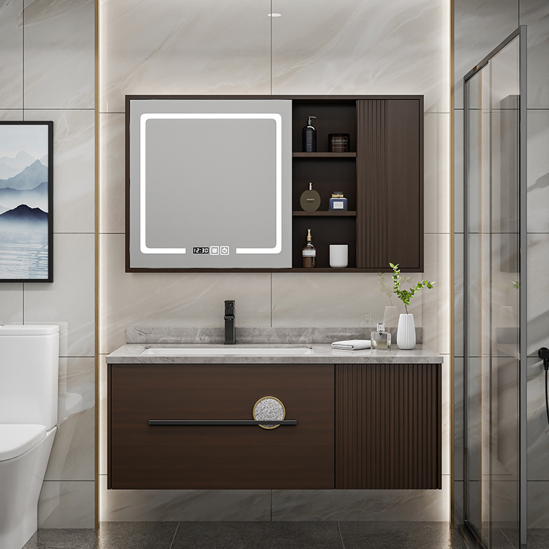 轻奢新中式浴室柜胡桃色岩板无缝盆实木智能卫生间洗脸洗漱台定制