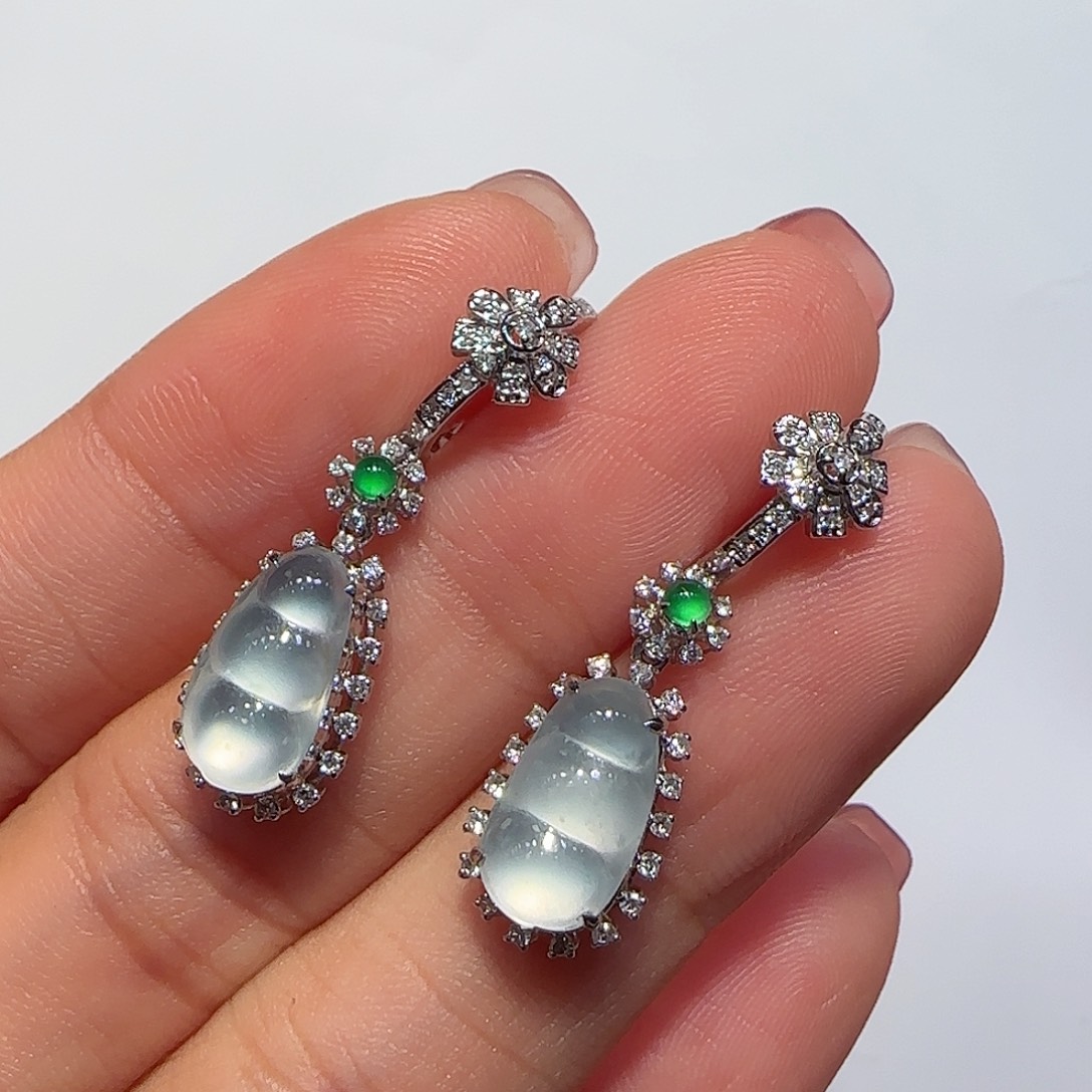 翡翠耳环18K金镶嵌福豆