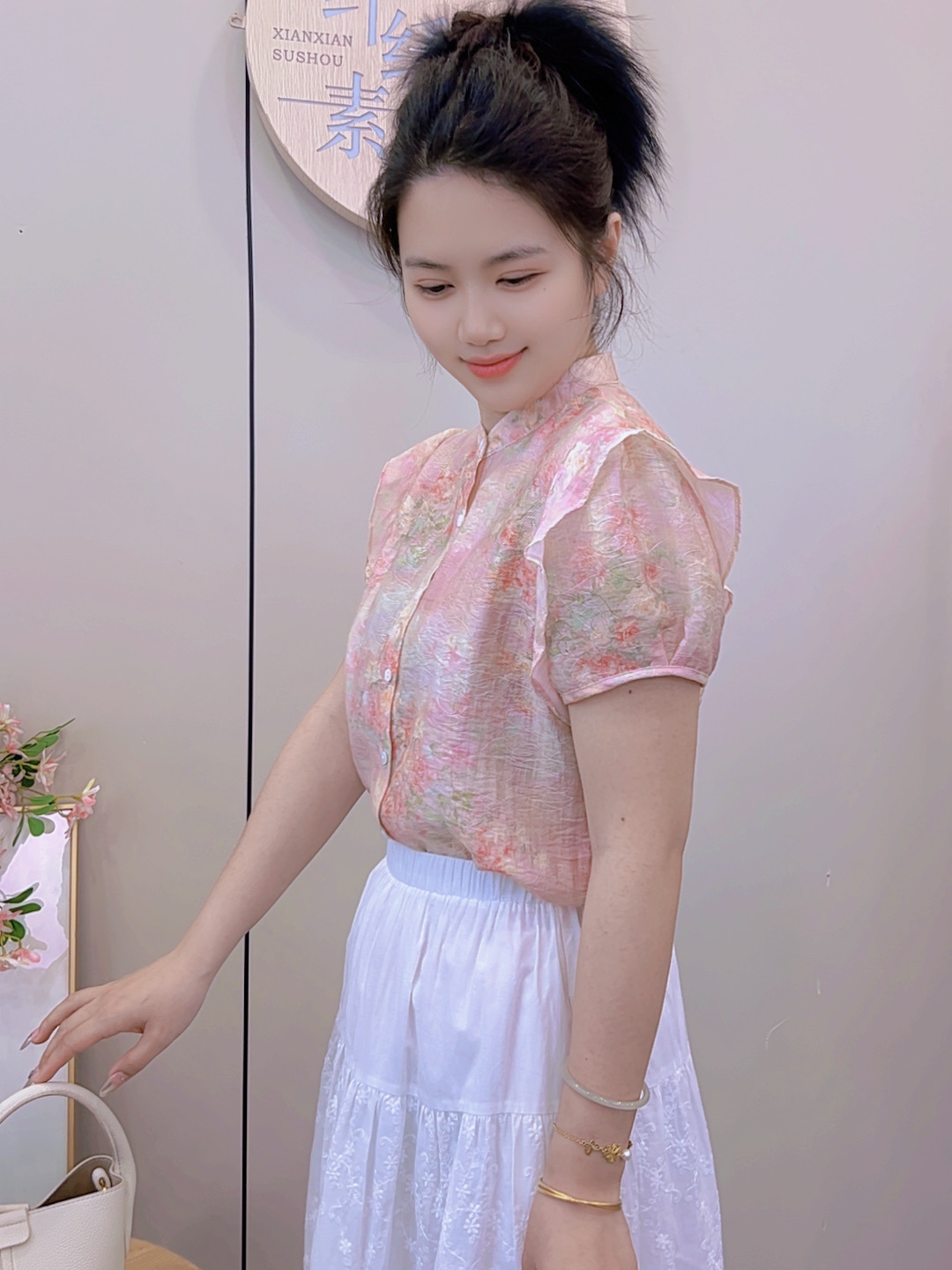 玲-CS1250莫奈花园系列《粉玫瑰》短袖衬衫时尚莱赛尔天丝面料