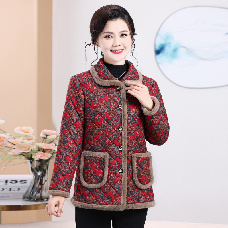 妈妈冬装2024新款保暖加绒棉服中老年翻领加厚棉袄外套碎花棉衣