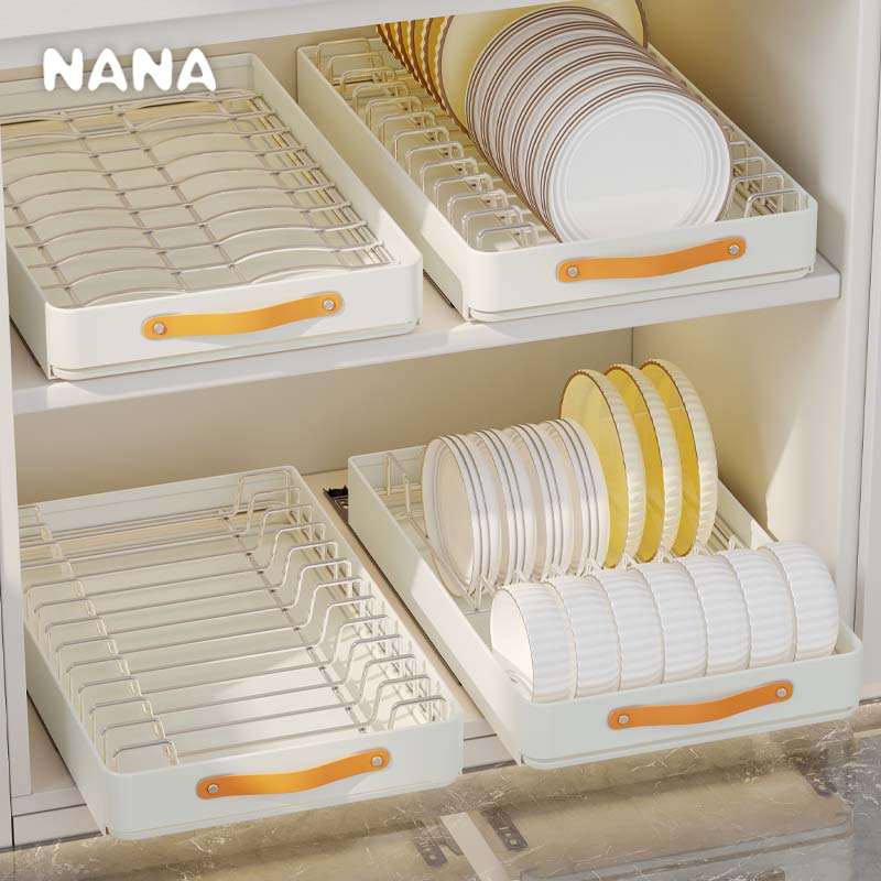 NANA碗碟收纳架免打孔碗碟沥水架抽屉双层厨房置物架拉篮沥水架