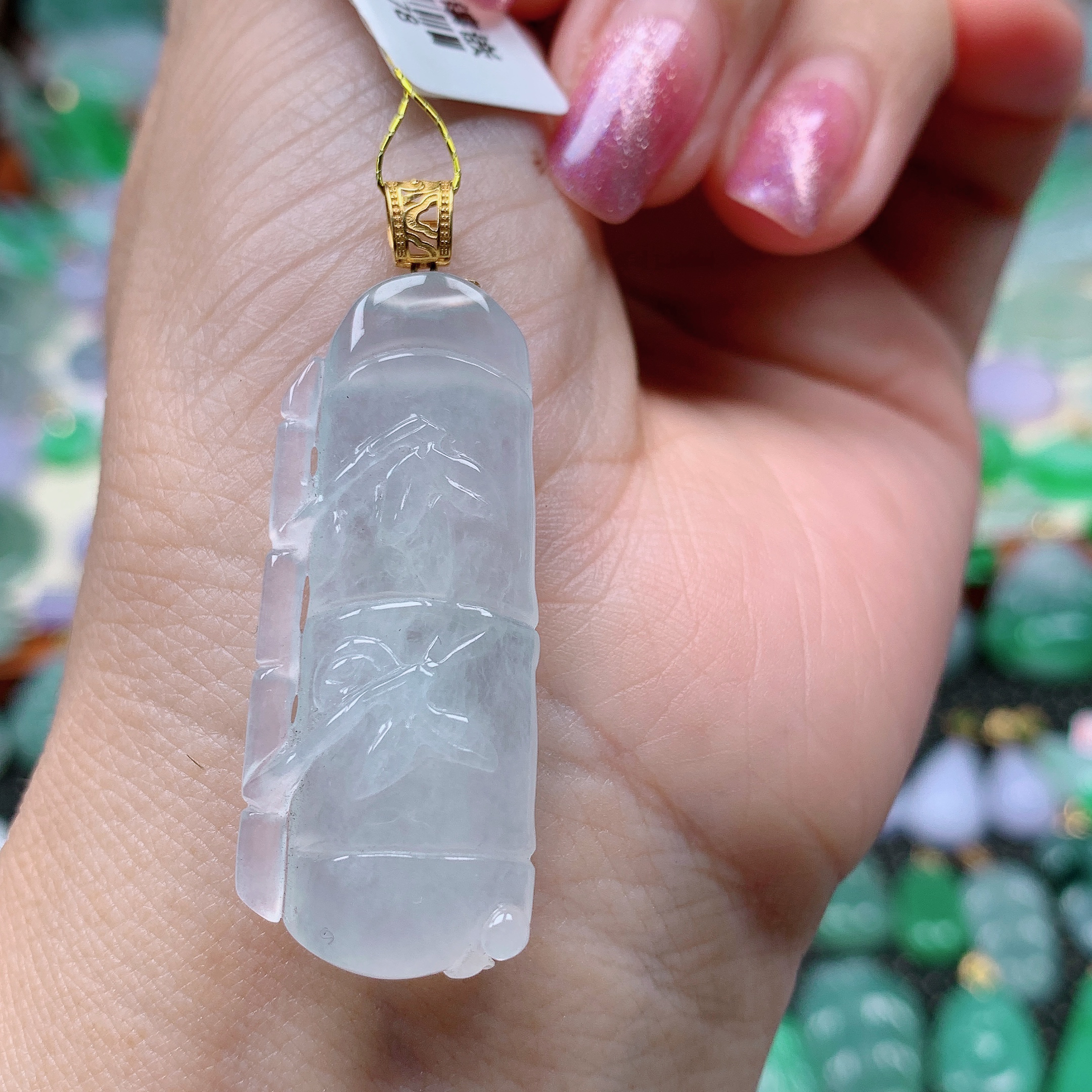 缅甸天然A货翡翠，冰竹节吊坠，编号13/1123尺40-16,6-6.3