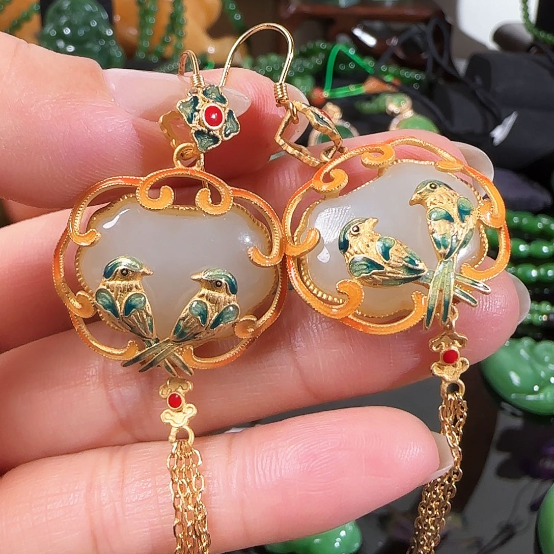 和田玉耳饰银S925镶嵌