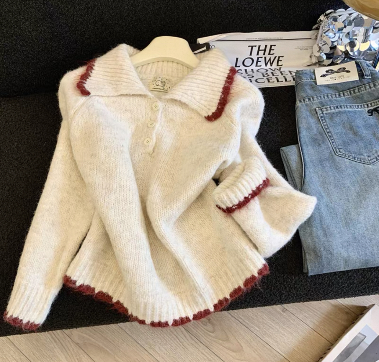 【839】大码胖mm秋冬百搭复古撞色花边POLO领针织衫慵懒风毛衣上衣