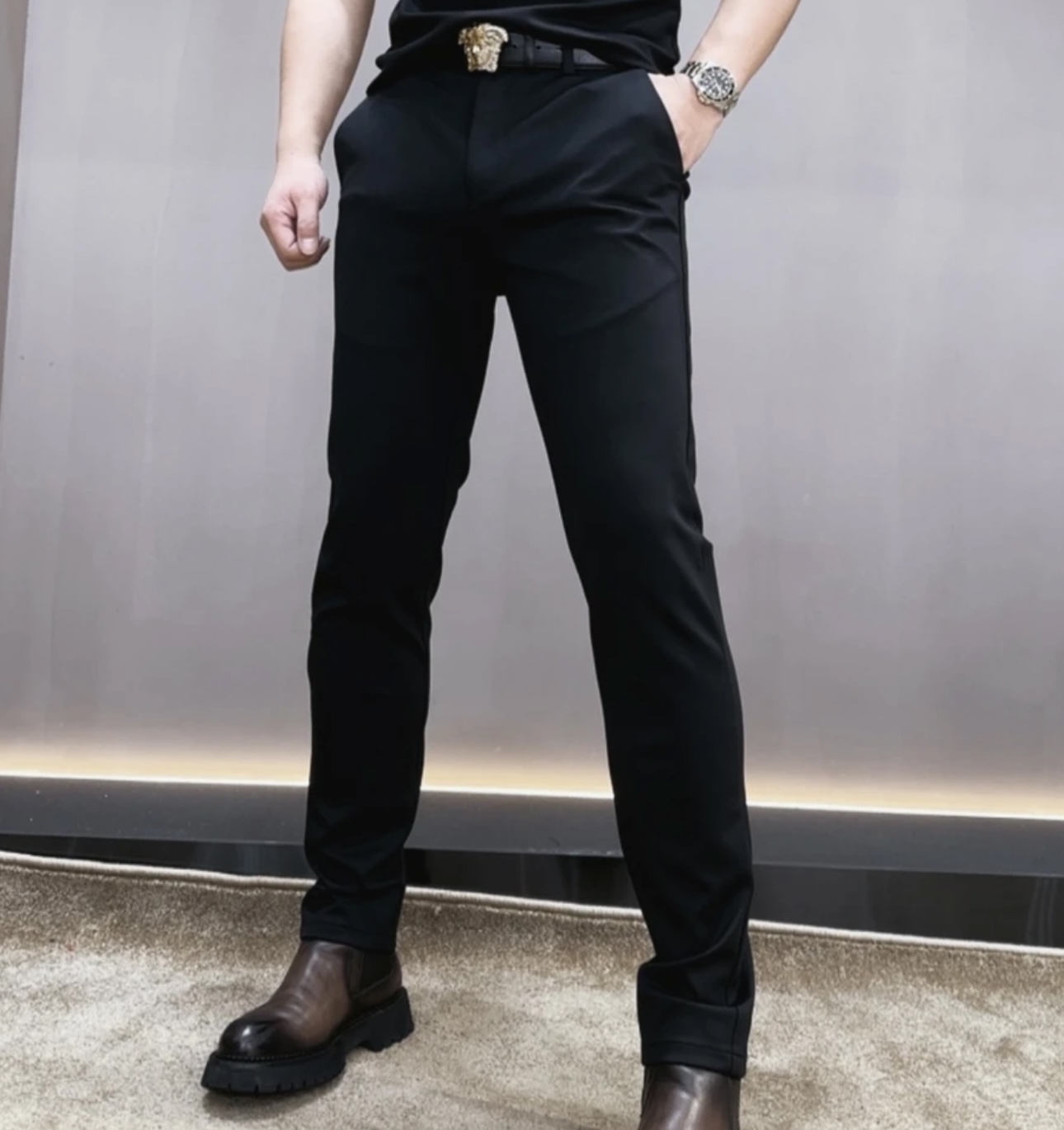 男士时尚纯黑弹力修身小脚西裤601