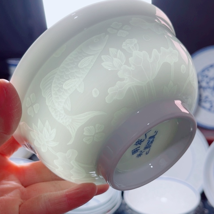 青花玲珑5.5寸饭碗鱼藻纹 10个