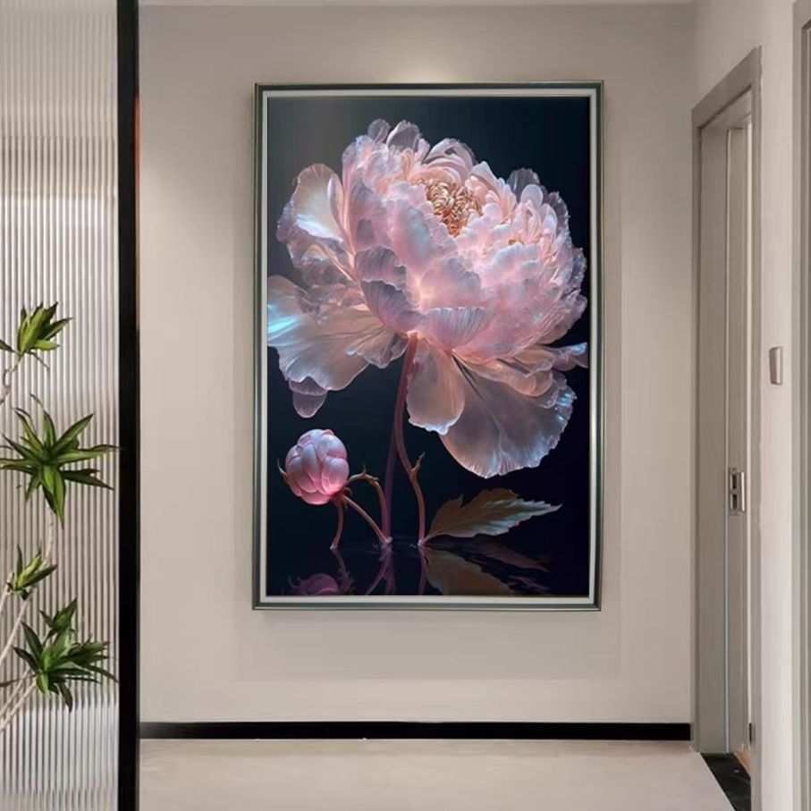 牡丹花朵现代简约玄关餐厅挂画轻奢花开富贵客厅沙发挂画玻璃画