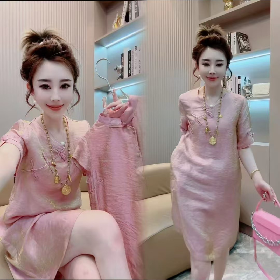 鎏光似锦国风V领旗袍裙夏季新款盘扣短袖高腰宽松连衣裙